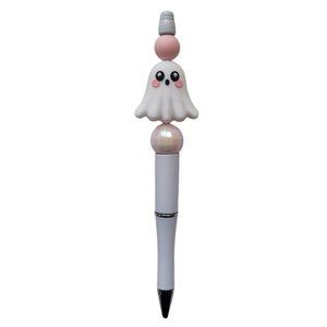 White and pink "cute ghost" beaded pen with ink refil
